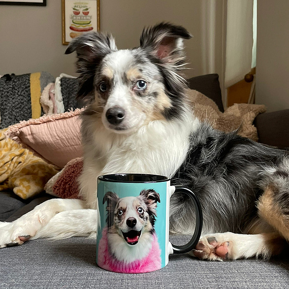 Australian shepherd collie sheep dog posing with a custom woof photography mug.  London dog photographer products. 