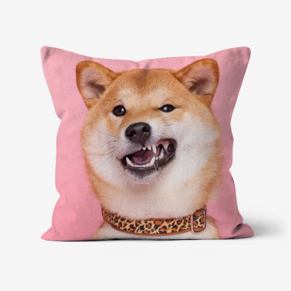 Custom faux suede cushion featuring Hachi the Shiba Inu photographed on a pink backdrop. Woof photography Jonny the London dog photographer. 