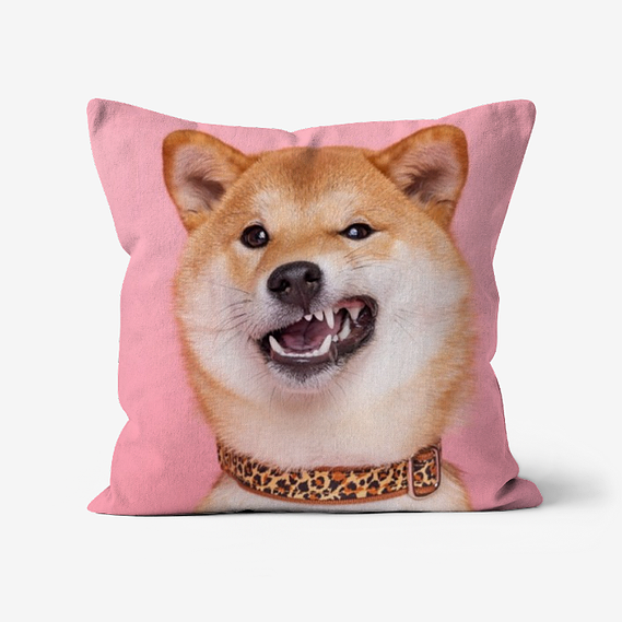 Custom faux suede cushion featuring Hachi the Shiba Inu photographed on a pink backdrop. Woof photography Jonny the London dog photographer. 