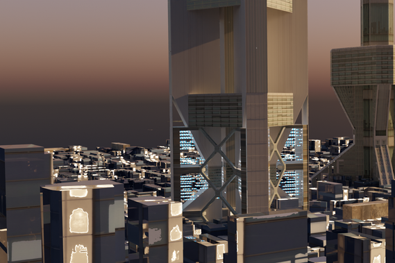 Cinematic view of the futiristic city the MC resides in