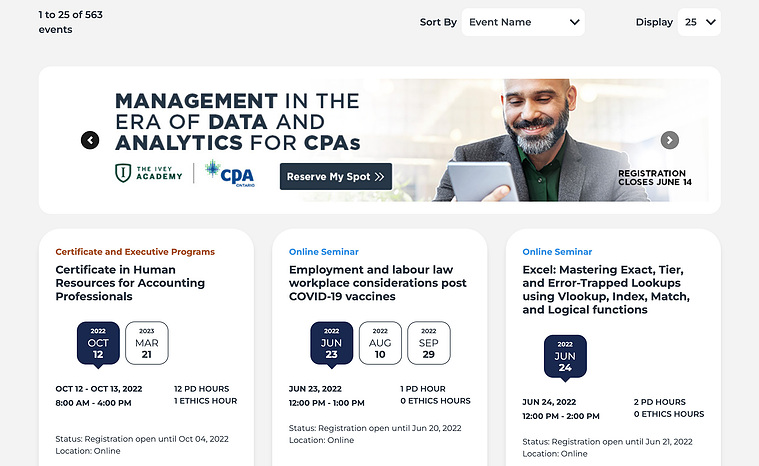 Screenshot of CPA Ontario's PD Portal displaying a header banner for 