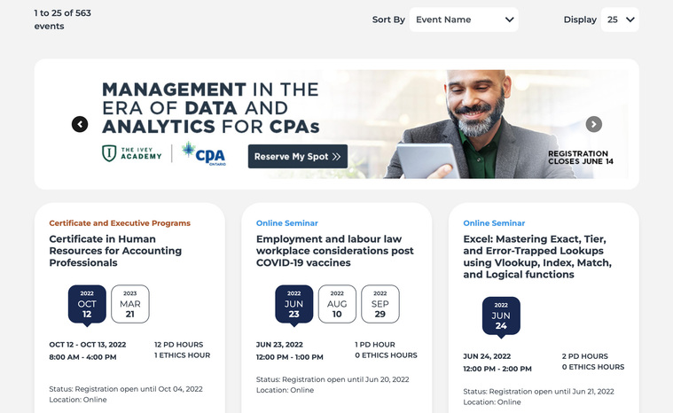 Screenshot of CPA Ontario's PD Portal displaying a header banner for 