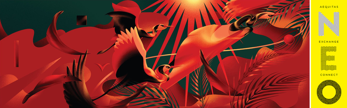 A digital illustration by artist Jason Zante. Three red and black long-neck birds are flying to the right. They are flying in front of abstracted red clouds, red sunbeams and a dark blue-green sky. Red and green foliage is in the foreground.