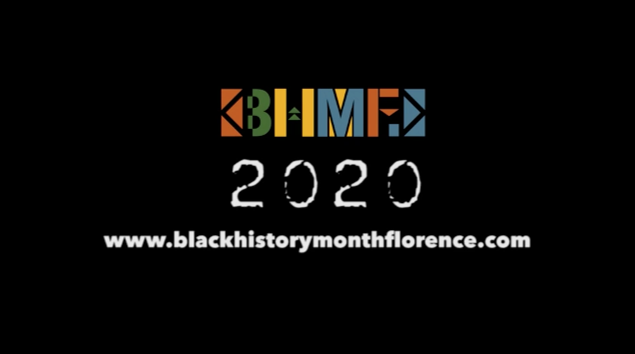 A black square containing the Blime 2020 logo followed by a url that reads www.blackhistorymonthflorence.com