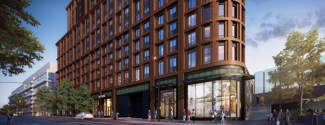 Street level rendering of flatiron building.