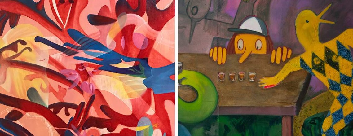 On left an abstract oil painting of shapes intersecting by Kathryn Greenwood. On the right an abstract oil painting of a drinking game by Charlotte Healey.
