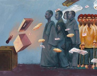 A painting of breads shooting out of box towards a line of men. 