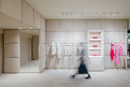 store interior and product displauys made of cream linen pillows