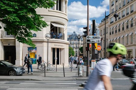 Wooden store facade on a busy Parisian street