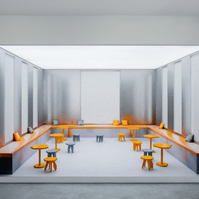 low resolution orange pieces of furniture set in a pixelated metal environment.