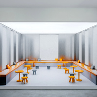 low resolution orange pieces of furniture set in a pixelated metal environment.