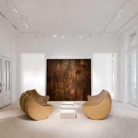 vintage furniture set in a room painted with white walls and mirrors