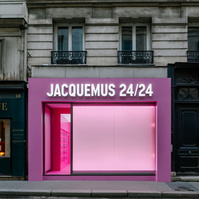 pink storefront with opaque window and open door showing pink vending machines on a Parisian street. 