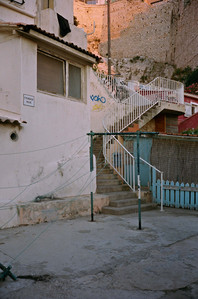 sunset, staircase, pink light, empty, clothes hanger, broken, concrete, architecture