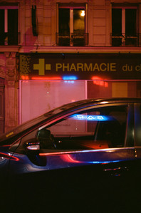 paris, night time, pharmacy, neons, car, reflection, blue, red