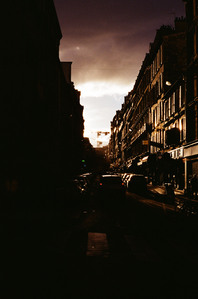 paris, street, sunset, dark street, car lights, cloudy sky,