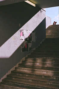 staircase, day light, kids, blue sky, dirty walls