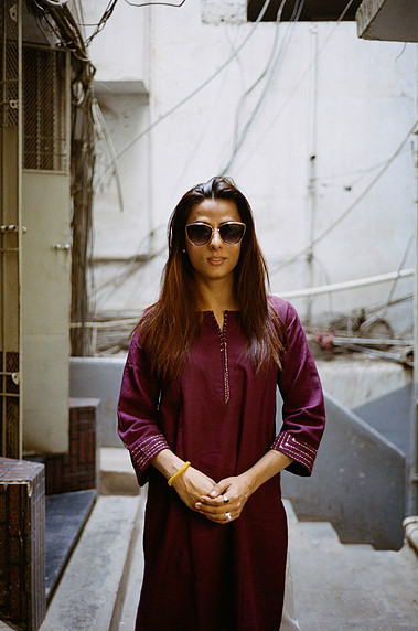 kami sid, transexual, model, portrait, sunglasses, long hair, looking at the camera, purple dress