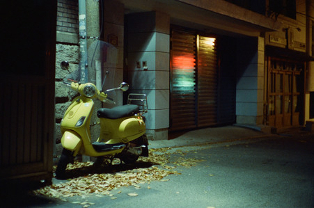 Yellow scooter, leaves, neons, road, street, green halo, korea