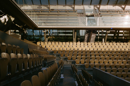 tennis stadium, roland garros, seats, rows, morning light, architecture