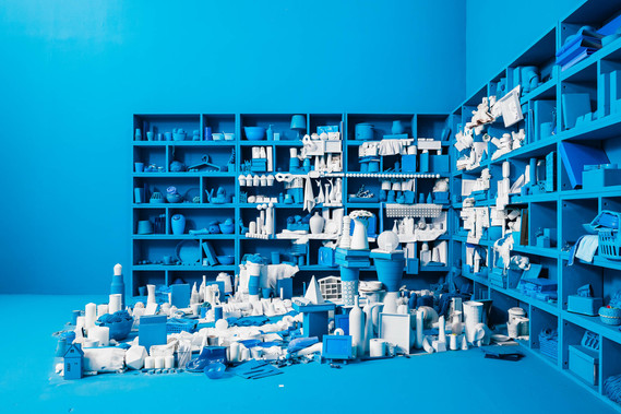 set design, deconstructed, anamorphosis, blue paint, white paint, shelves, items, side view