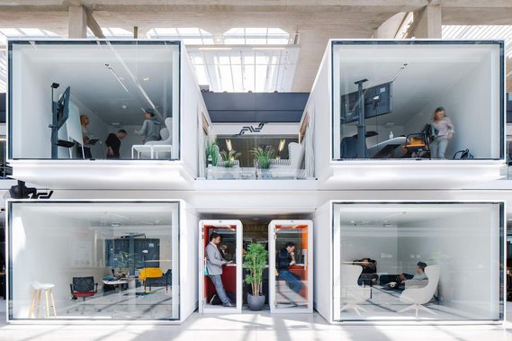 meeting rooms, containers, white metal, concrete floor, furniture, station f, reunions, brainstorming, architecture, phone booth
