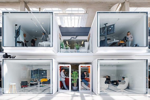 meeting rooms, containers, white metal, concrete floor, furniture, station f, reunions, brainstorming, architecture, phone booth