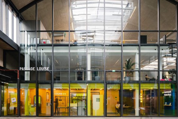 station f, post office, modern, yellow neons, glass panels, postman, architecture
