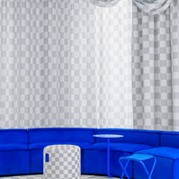 blue sofa set in a grey and white checkerboard environment