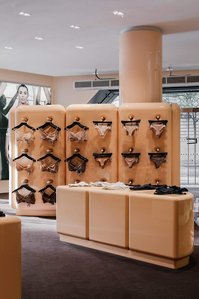 glossy peach-colored apparel displays with soft edges inside a mall entrance.