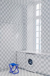 transparent png pattern floor walls and ceiling with a washing machine and a blue camping seat