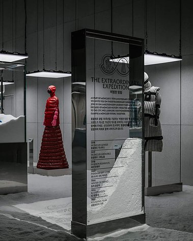 transparent sign in front of exhibited pieces of clothing