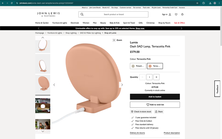 Screenshot of John Lewis website. 