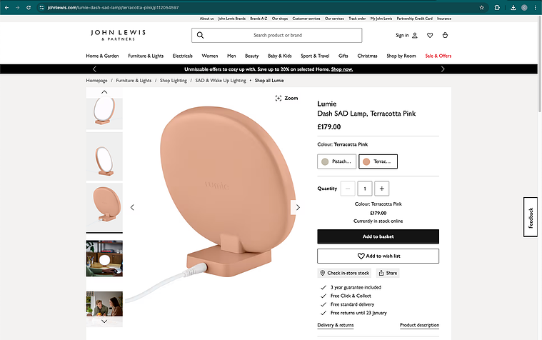 Screenshot of John Lewis website. 