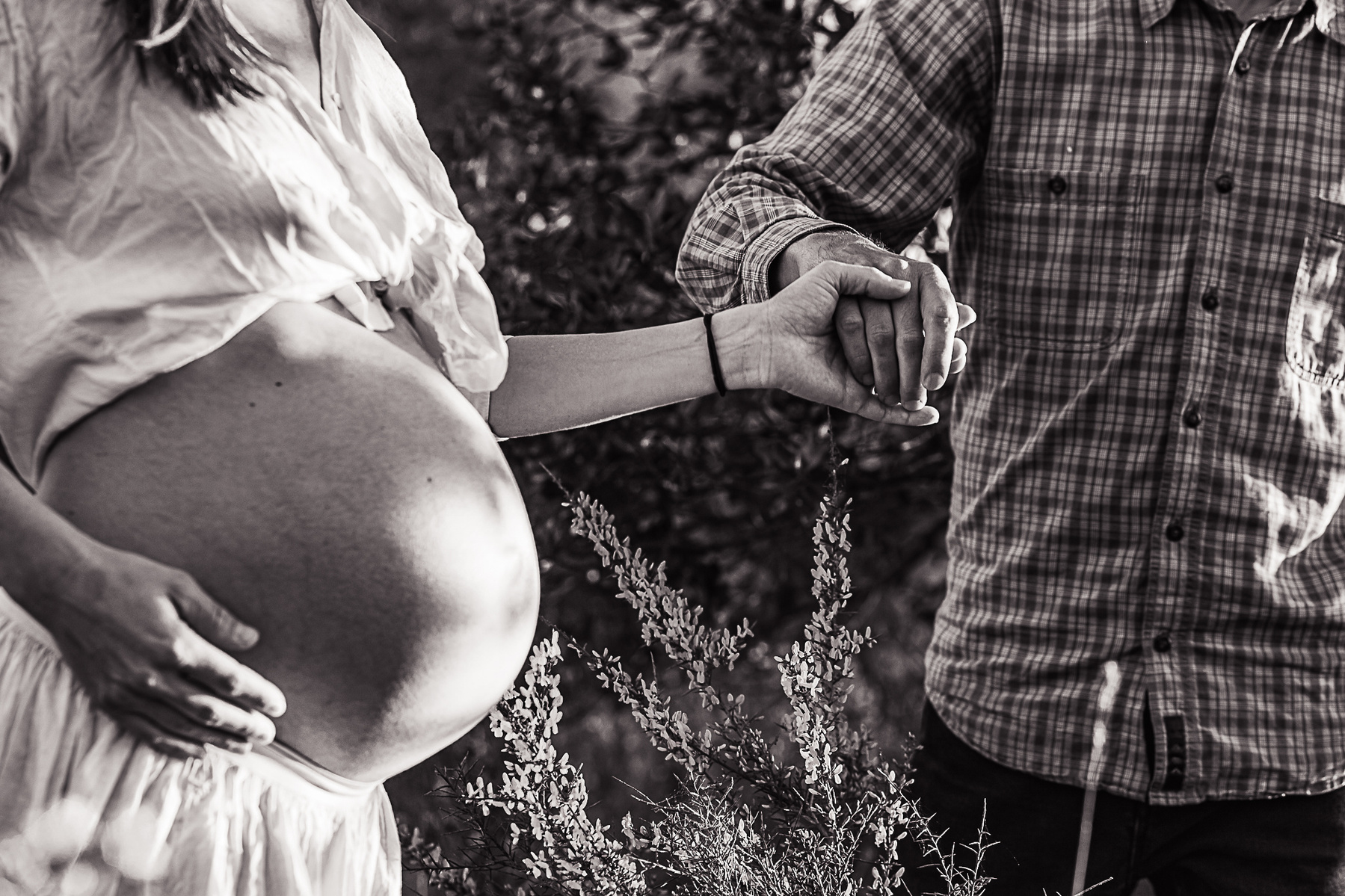mujer embarazada es llevada de la mano por su marido en los campos del playita de l'estany