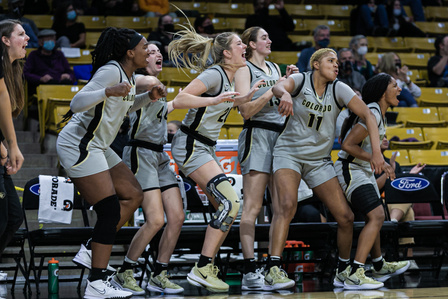 Players for the CU Women&#x27;s Basketball team cheer from the bench as the Buffs score during the game against Dixie State on Friday, Dec. 3rd, 2021. (Io Hartman&#x2F;CU Independent)