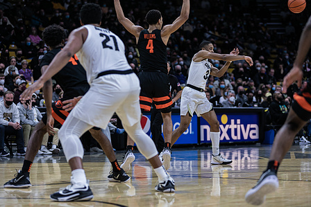 Sophomore guard Keeshawn Barthelemy (3) passes the ball during the game against Oregon State on Satruday, Feb. 5th, 2022. (Io Hartman&#x2F;CU Independent)