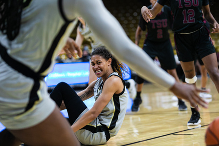 Senior guard Tatyanna Jones (1) falls during the game against TSU at the CU Events Center on Tuesday, Nov. 23rd, 2021. (Io Hartman&#x2F;CU Independent)