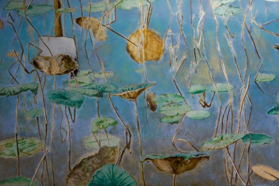 Semi abstract painting of golden lotus leaves set against an emerald pond. Painted with lacquer, silver and gold leaf, pigments on a wooden lacquered board.