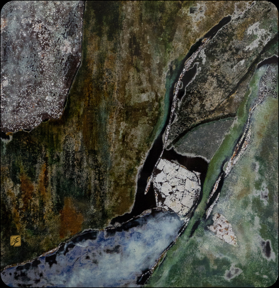 Symbolic, semi-abstract painting of a water stream coming from the bright opening in the rocks. The dominating color palette is dark, earthy tones with bright accents of whites, blues and greens. Created using lacquer, river sand, egg shells and pigments.