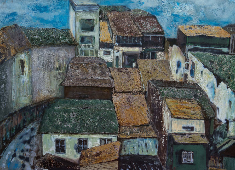 Hanoi old quarter after the rain painted from the perspective looking down from above. Painted with lacquer, pigments and layered silver leaf. The color palette consists of brown, white, green and blue tones.