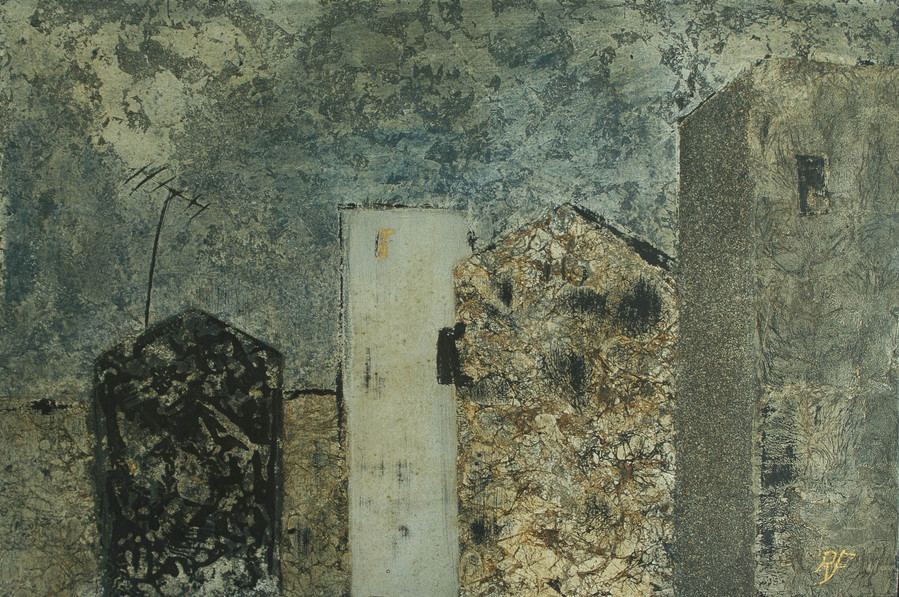 Urban landscape in a mysterious, foggy atmosphere evocating nostalgia and longing for the time gone. Painted with lacquer and pigments on a background textured with silver leaf.