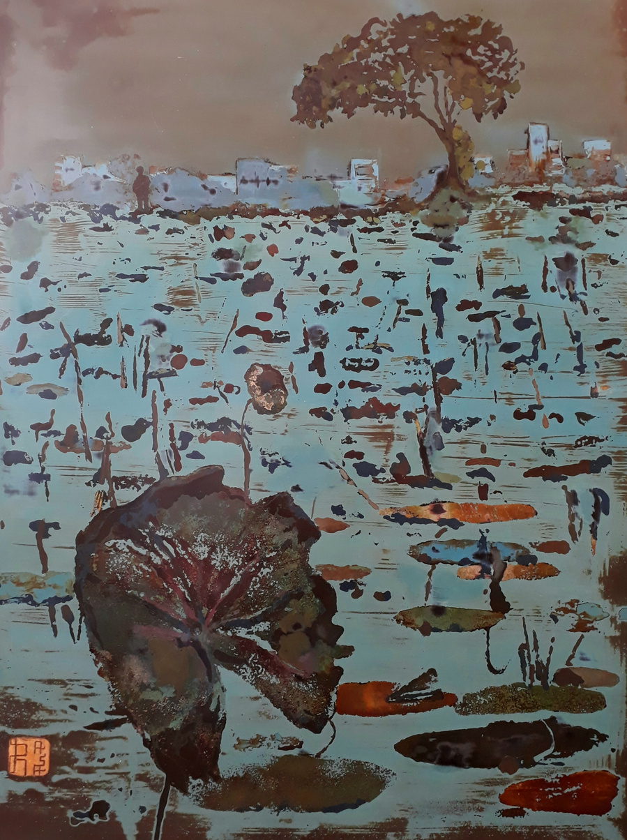 Semi-abstract, symbol rich painting of a pond full of lotus leaves and a lonely figure on the distant shore with urban skyline and a tree. Painted with lacquer, pigments and accented with gold leaf.