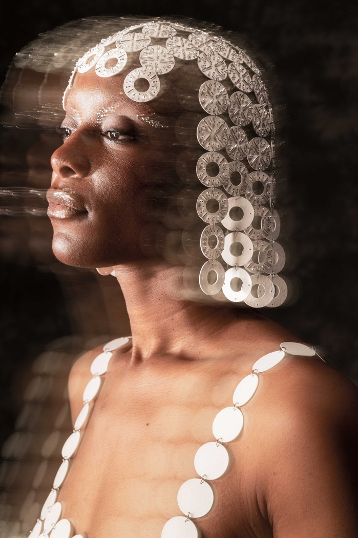 Lindsay Seri posing for Elodie Raymond Haute Couture project