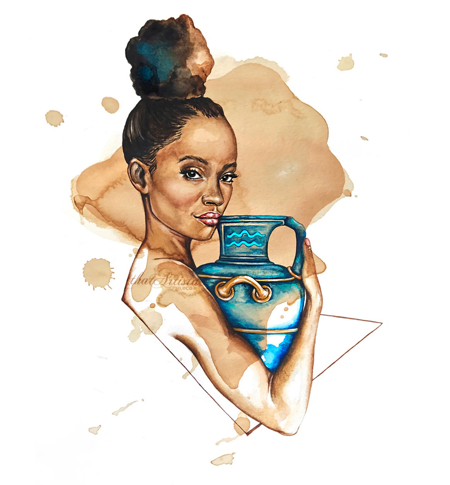 Aquarius concept sketch and painting on tea stained paper for Essence Magazine by bahamian artist Philece Roberts