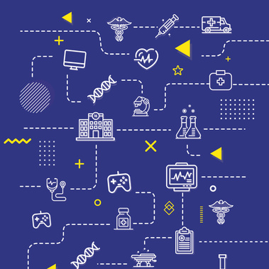 Graphic healthcare and game icons on dark blue background.