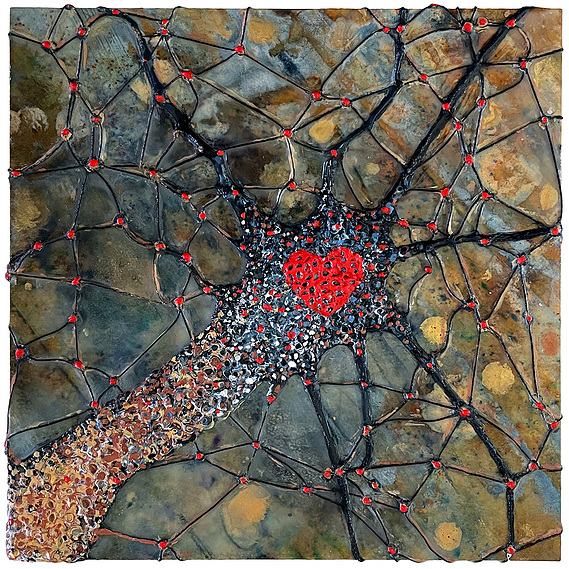 Synapses of love - Artwork by Jennifer Keresztes - 2025, Encaustic, 10x10, Encaustic medium and paint, string, encaustic monotype print on cradled wood panel