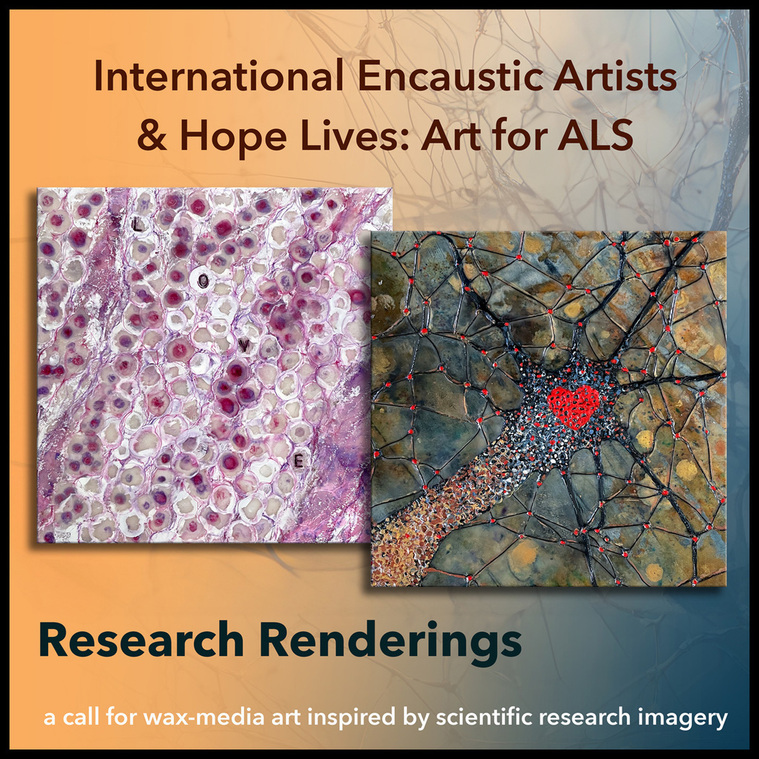 Hope Lives: Art for ALS -Research Renderings graphic featuring artwork by Jennifer Keresztes