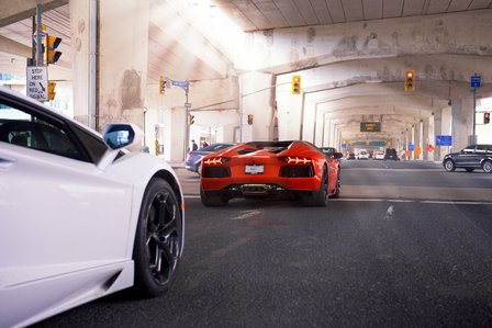 Lamborghini Aventadors in downtown Toronto, Ontario, Canada by automotive photographer Theron Lane