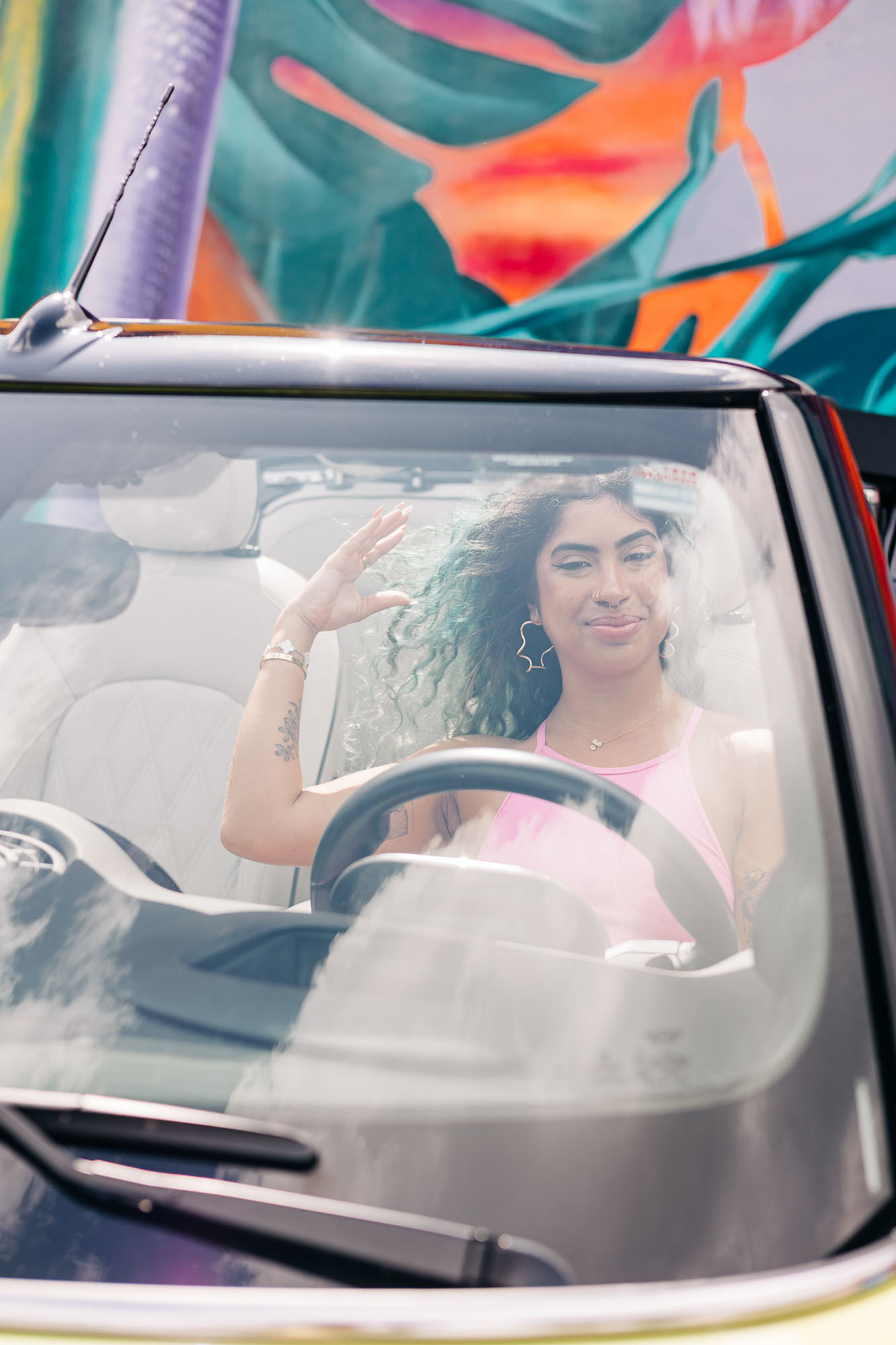 miami photoshoot at wynwood walls with colorful mural and lime green mini cooper car and fashion model barbie theme photoshoot 